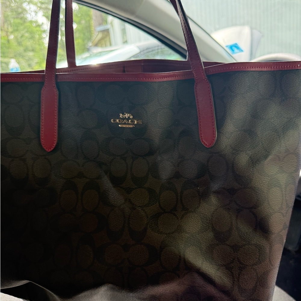 Coach Brown Tote with Red Accents with wallet